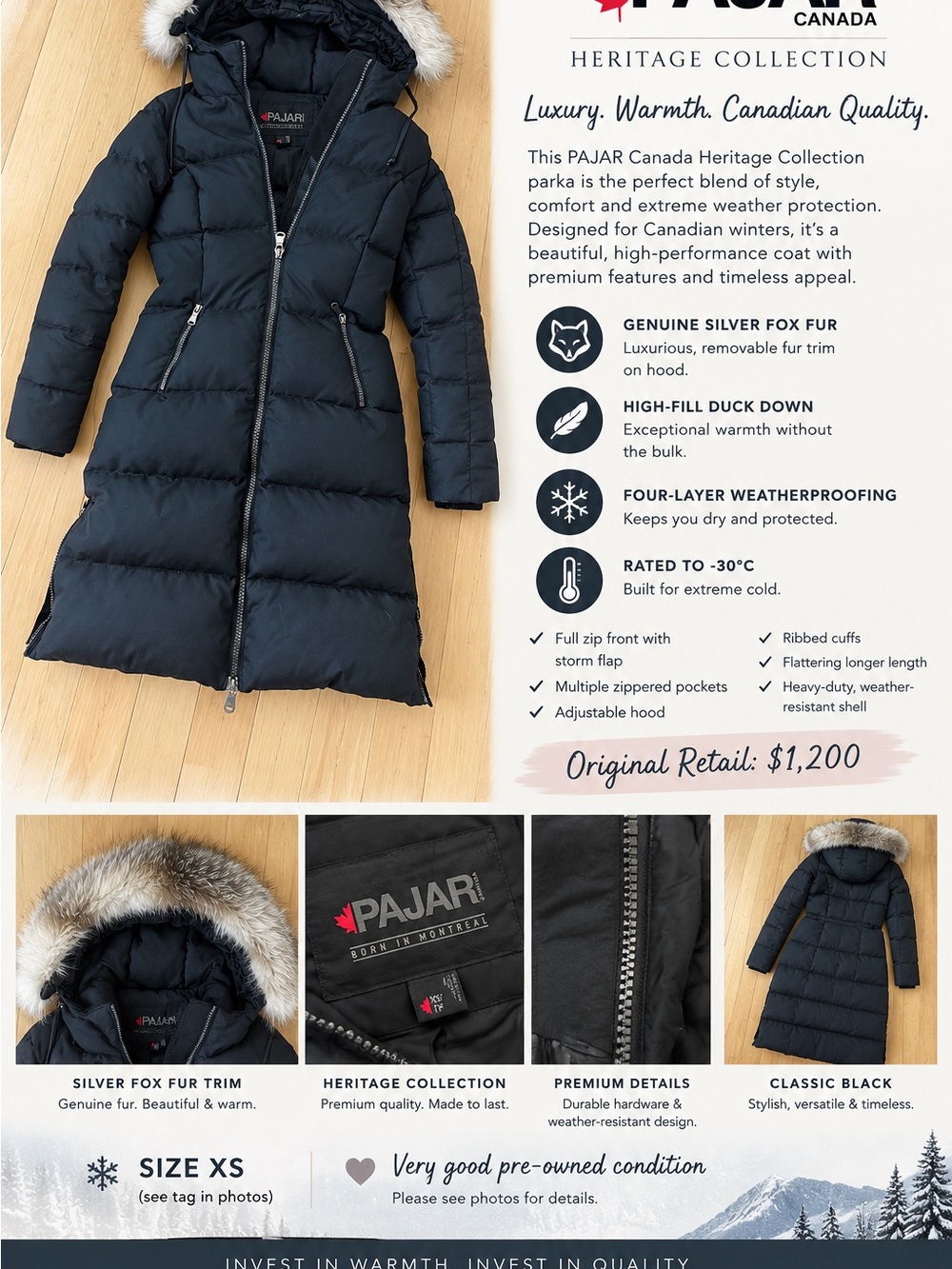 Pajar woman’s Black Long Puffer Coat with Silver Fox Fur Trim